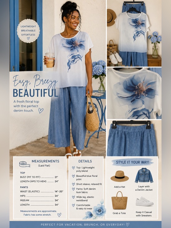 SHEIN Tops - Blue Floral Blouse & Wide Leg Pants 2-Piece Set Relaxed Boho Outfit MED